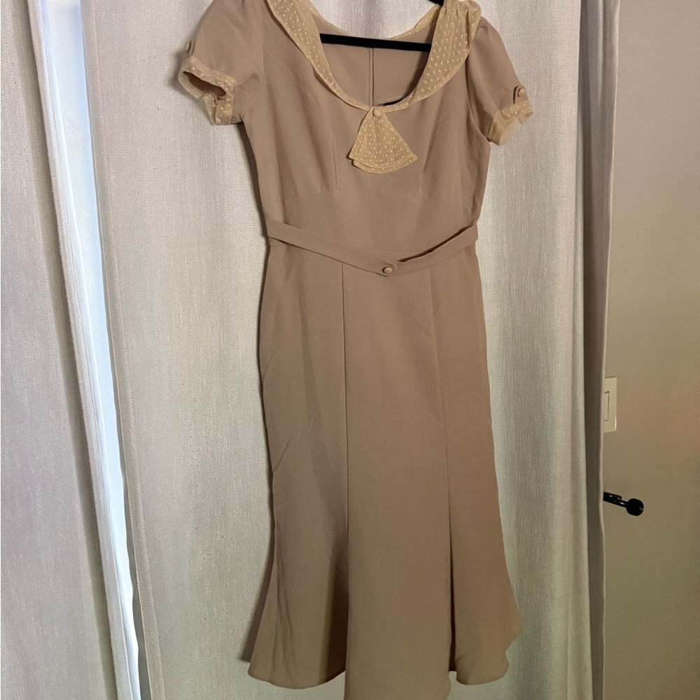Stop Staring Pin-up Tan Dress with Lace Accents